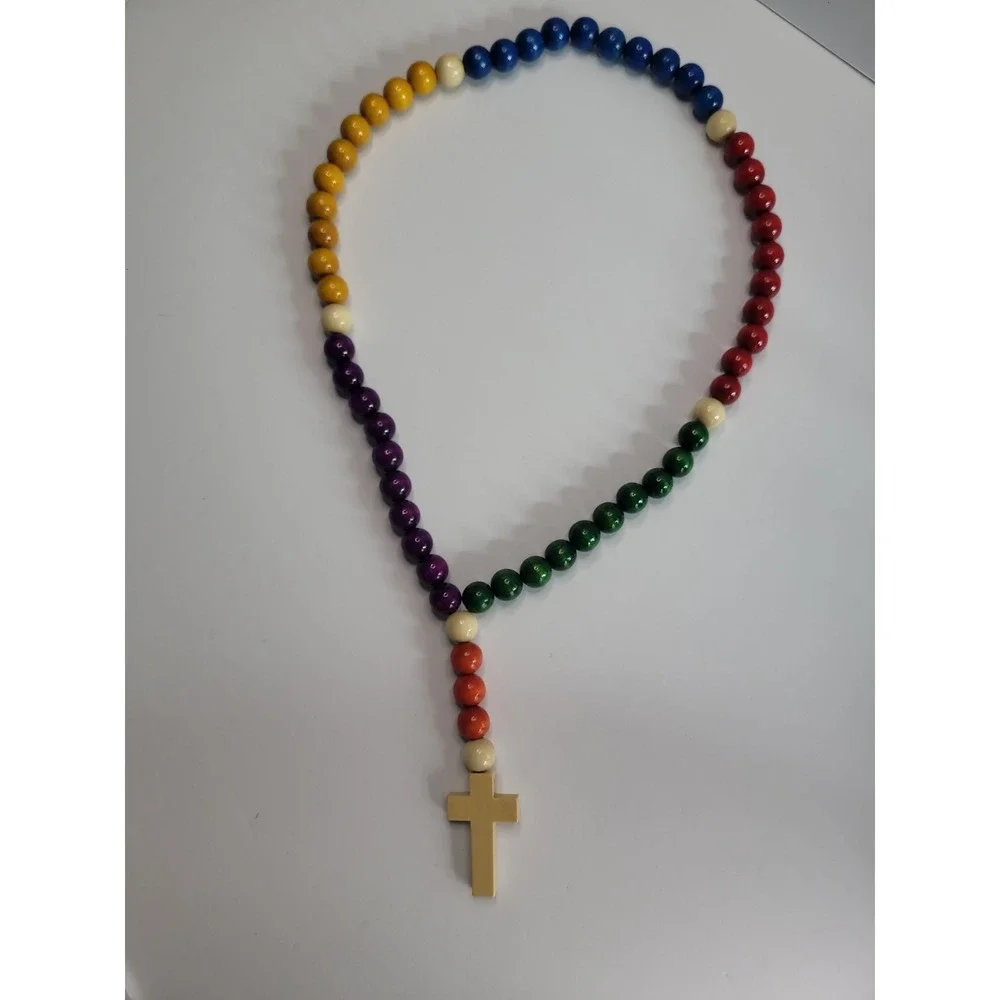 Multicolor Beaded Cross Necklace Chunky Rainbow Boho Statement Pendant